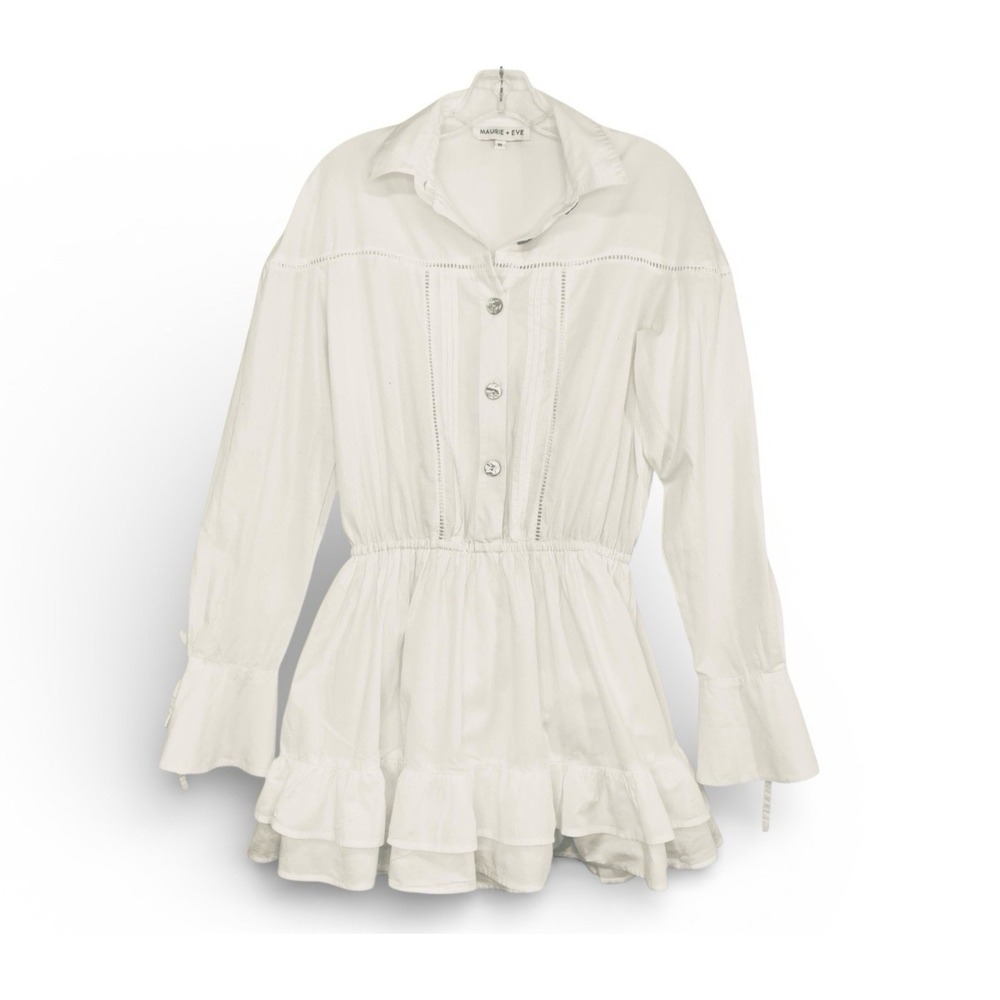 Maurie & Eve Mini Dress Size 10 White Button Up Long Sleeve Ruffled Party Summer